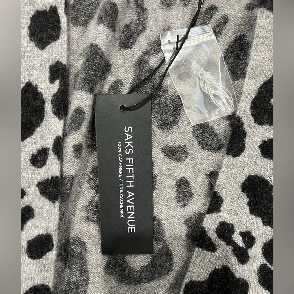 NWT Saks Fifth Avenue Black and Gray Leopard Cashmere Cardigan - Picture 3 of 6
